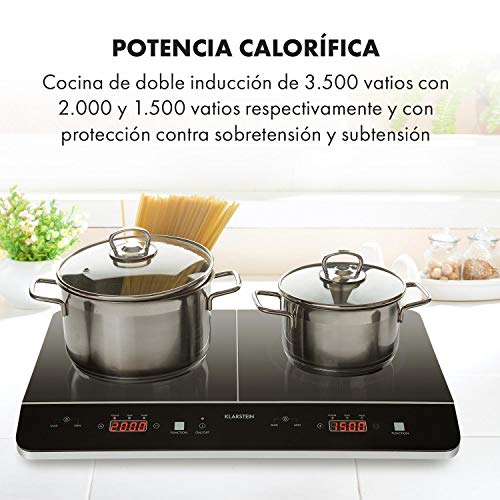 Klarstein VariCook Neo Doble placa de cocina de inducción - Cocina portátil, Vitrocerámica, 3500 W, Tecnología SenseControl, Sensor de ollas, Programable, No recalienta, Negro