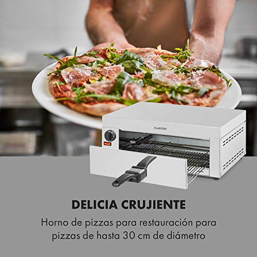 Klarstein Vesuvio Pro horno para pizzas - 1130 W, 1 cámara, superficie de horneado de 360 x 330 mm, temperatura hasta 300 °C, bandeja para migas, acero inoxidable, horno, para pan y bollería, plateado