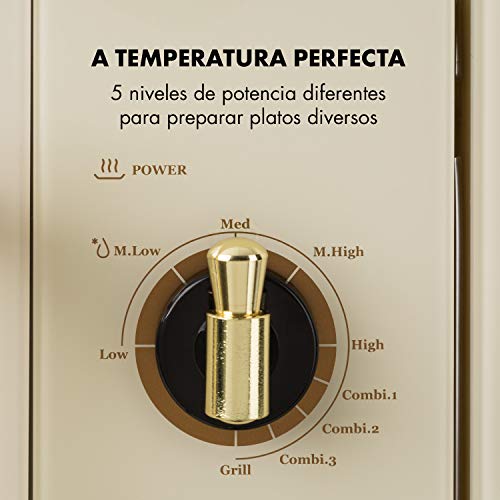 Klarstein Victoria 20 - Microondas, Diseño retro, 20 litros, Microondas de 800 W/Función grill de 1000 W, 3 funciones predeterminadas, Acero inoxidable, Incluye marco para montaje, Marfil