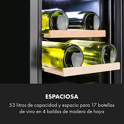 Klarstein Vinovilla 17 - Nevera para vinos, 2 zonas, 53 litros, 17 botellas, 30 cm de ancho, Puerta acristalada, Iluminación de 3 colores, 4 baldas de madera de haya, No vibra, Control táctil, Blanco