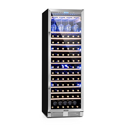 Klarstein Vinovilla Grande - Nevera para vinos, 425 L, 165 botellas, Control táctil, Iluminación LED en 3 colores, Temperatura ajustable, Soporte para copas, 13 estantes de madera, 1 zona, Plateado