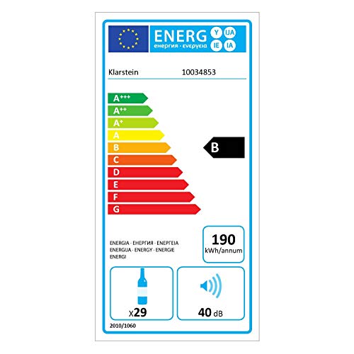 Klarstein Vinovilla – nevera para vinos encastrable, 2 zonas, 29 botellas / 74 litros, arriba 5-12 °C/abajo 12-20 °C, puerta acristalada, iluminación 3 colores, clase B, acero inoxidable, Plateado