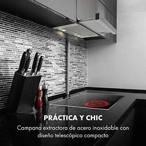 Klarstein Viola - Campana extractora, 2 potencias, EEC A, 200 W, Extracción máx. 612 m³/h, Función extensible, Interruptores, Luces LED, Filtro grasa, Válvulas antirretorno, Acero inoxidable, Blanco