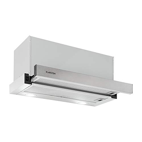 Klarstein Viola - Campana extractora, 2 potencias, EEC A, 200 W, Extracción máx. 612 m³/h, Función extensible, Interruptores, Luces LED, Filtro grasa, Válvulas antirretorno, Acero inoxidable, Blanco