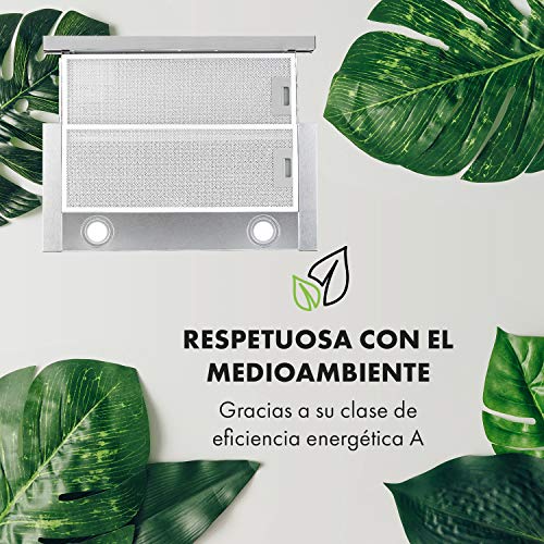 Klarstein Viola - Campana extractora, 2 potencias, EEC A, 200 W, Extracción máx. 612 m³/h, Función extensible, Interruptores, Luces LED, Filtro grasa, Válvulas antirretorno, Acero inoxidable, Blanco