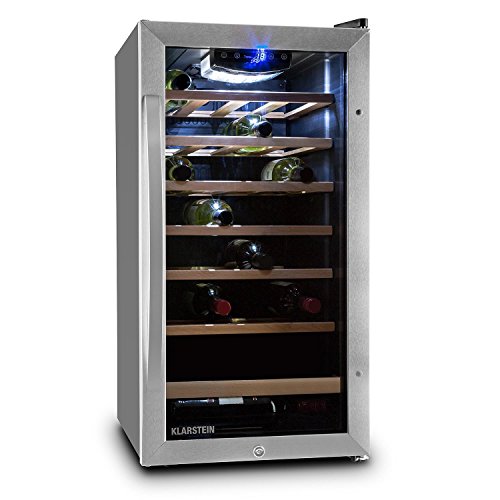 Klarstein Vivo Vino 26 Vinoteca - Nevera para bebidas, 26 botellas, 88 L, LED, control temperatura, Bisagra Intercambiable, Puerta ambos lados, acero inox, negro