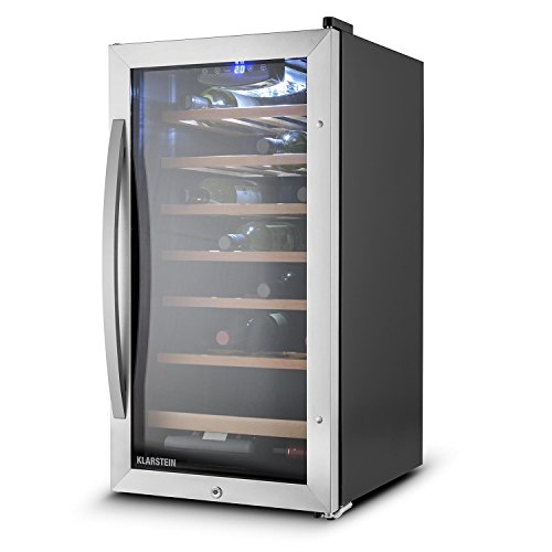 Klarstein Vivo Vino 26 Vinoteca - Nevera para bebidas, 26 botellas, 88 L, LED, control temperatura, Bisagra Intercambiable, Puerta ambos lados, acero inox, negro