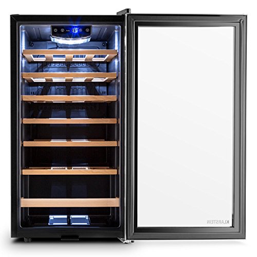 Klarstein Vivo Vino 26 Vinoteca - Nevera para bebidas, 26 botellas, 88 L, LED, control temperatura, Bisagra Intercambiable, Puerta ambos lados, acero inox, negro