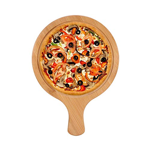 KNDJSPR Tabla de Madera para Pizza, Paleta de pelado de bambú, Herramientas para Molde de Pastel de 9 Pulgadas, asa de Arco para Bandeja de Servir, para Hornear Queso, Tabla de charcutería