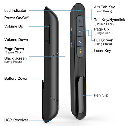 KNORVAY N27 Puntero Láser Presentaciones Inalámbrico, Mando Inalámbrico para Presentaciones con rango de control de 300 pies de largo (Negro)