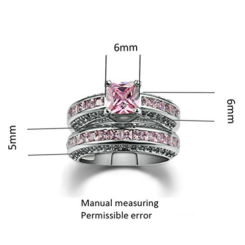 KnSam - 2 Piezas Anillo de Mujer Chapado en Oro Blanco Corte Princesa Rosa Circonita Cristal Boda para Mujeres Tamaño 22 (19,74 mm) [Joyería de Moda]