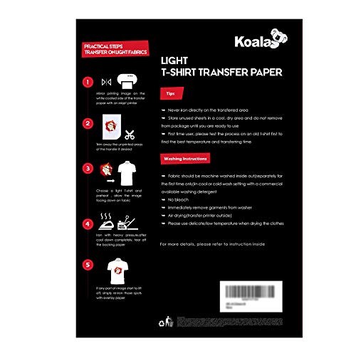 KOALA Papel de transferencia de tinta para camisetas de blancas y claras, 10 hojas, A4