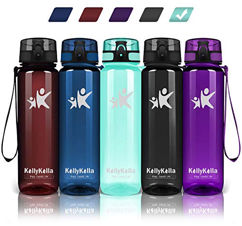 KollyKolla Botella Agua Sin BPA Deportes - 500ml, Reutilizables Ecológica Tritan, Bebidas Botellas con Filtro & Marcador de Tiempo, para Colegio, Tapa Abatible de 1 Clic, Aguamarina Brillante