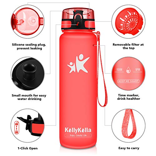 KollyKolla Botella Agua Sin BPA Deportes - 500ml, Reutilizables Ecológica Tritan Plástico, Bebidas Botellas con Filtro & Marcador de Tiempo, para Colegio, Tapa Abatible de 1 Clic, Rojo Mate