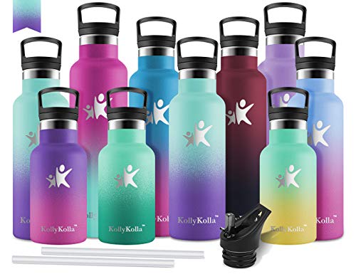 KollyKolla Botella de Agua Acero Inoxidable, Termo Sin BPA Ecológica Reutilizable, Botella Termica con Pajita y Filtro, para Niños & Adultos, Deporte, Oficina (350ml Macaron Verde + Púrpura Oscuro)