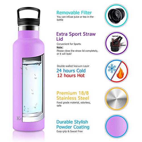 KollyKolla Botella de Agua Acero Inoxidable, Termo Sin BPA Ecológica Reutilizable, Botella Termica con Pajita y Filtro, Water Bottle para Niños & Adultos, Deporte, Oficina (500ml Luz Púrpura)