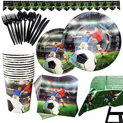 Kompanion Set de 177 Piezas de Fiesta Diseño de Fútbol, Incluye Pancarta, Platos,Vasos, Cubiertos, Servilletas,Mantel, Cucharas, Tenedores y Cuchillos, 25 Personas