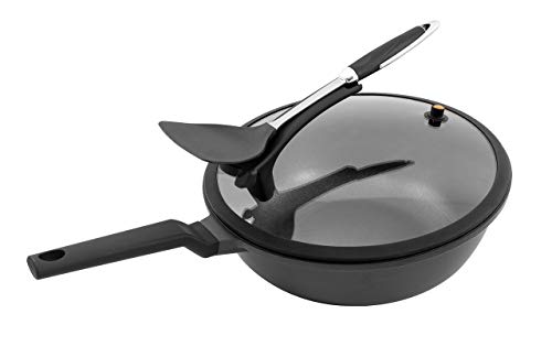 Kopf Mona - Wok de aluminio fundido (32 cm de diámetro, inducción, incluye tapa de cristal ajustable y espátula, revestimiento antiadherente ILAG)