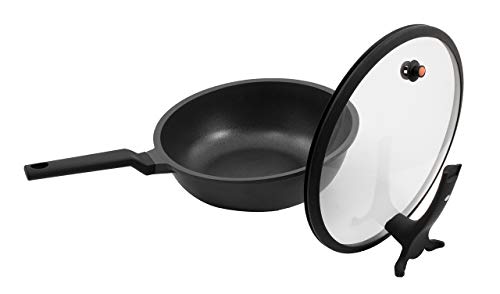 Kopf Mona - Wok de aluminio fundido (32 cm de diámetro, inducción, incluye tapa de cristal ajustable y espátula, revestimiento antiadherente ILAG)