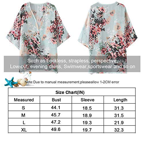 Kordear - Cárdigan de gasa floral para mujer - Chal suelto con abertura frontal con estampado de Kimono para playa, bañador de media manga, blusa bohemia de verano informal para mujer Verde verde L