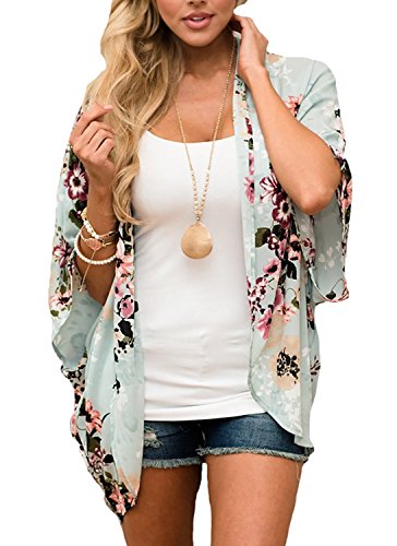 Kordear - Cárdigan de gasa floral para mujer - Chal suelto con abertura frontal con estampado de Kimono para playa, bañador de media manga, blusa bohemia de verano informal para mujer Verde verde L