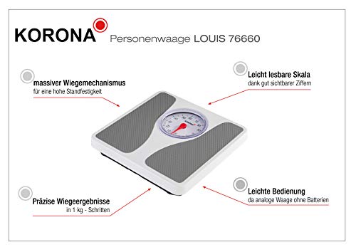 Korona 76660 Louis - Báscula mecánica precisa para personas de hasta 130 kg, báscula analógica, color blanco