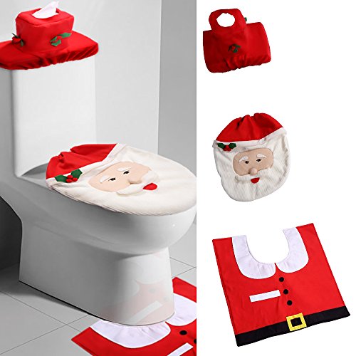 Kranich Decoración de Baño de Navidad Santa WC Set Asiento y Alfombra y Tejido Caja Conjunto Regalo