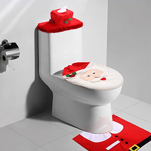 Kranich Decoración de Baño de Navidad Santa WC Set Asiento y Alfombra y Tejido Caja Conjunto Regalo