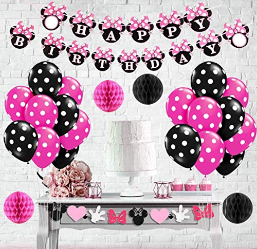 Kreatwow Decoración de la Fiesta de cumpleaños de Minnie Mouse Girls, Diadema de Minnie Mouse, Banner de cumpleaños Feliz, Globos Rojos de la Rosa Negro