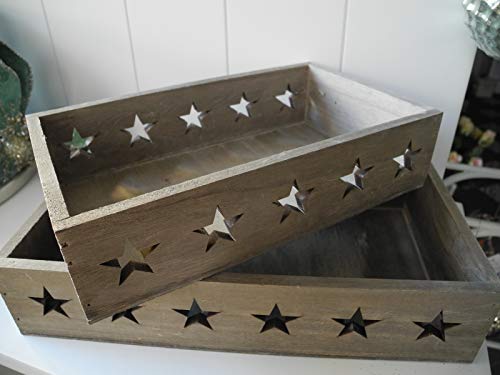 Krenz - Juego de 2 bandejas de 30,5 cm y 25 cm, diseño de estrella, de filigrana navideña, bandeja de madera, bandeja de madera con estrellas, platos, adviento, Navidad, casa de campo, n.º 2