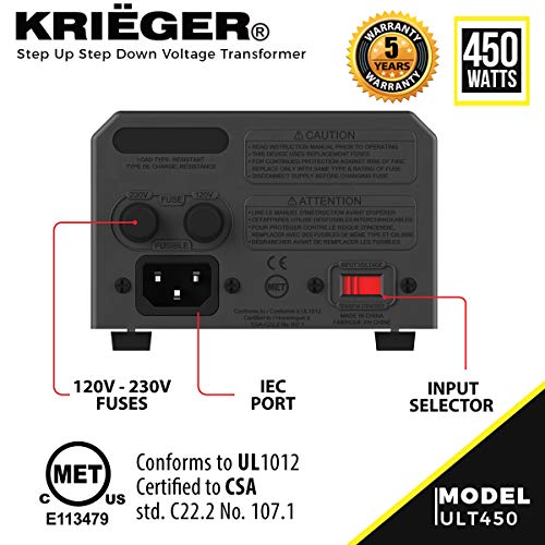 Krieger Transformador de Voltaje. Convierte de 220/230 voltios a 110/120 voltios y a la inversa. Certificación CE, UL, CSA (450 Watts)