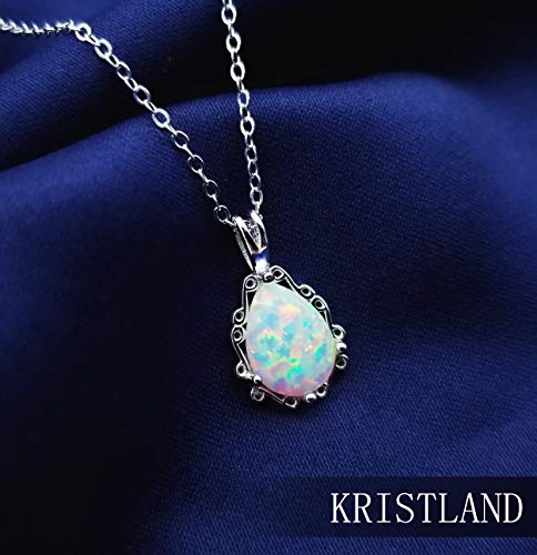 KristLand - Piedra de Luna S925 Plata Esterlina Collar con Fuego Opalo Blanco Forma Gota de Agua Dije 10MM /13MM 10MM