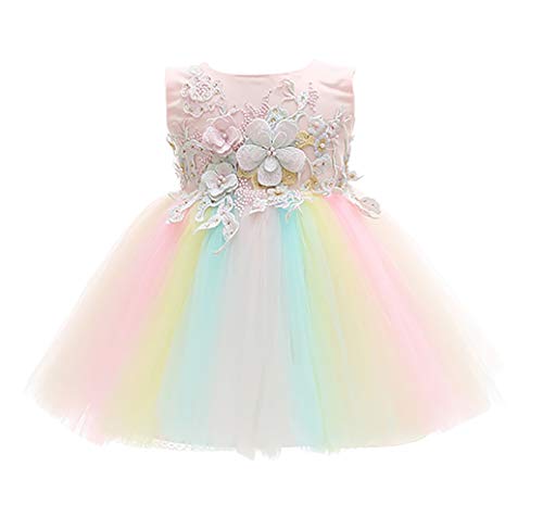 KRUIHAN Niñita Bautismo Cumpleaños Bata Niños Luna Llena Dama de Honor Arco Iris Princesa Tutu De Encaje Pascua de Resurrección Fiesta Nocturna Vestido de Novia 24M(18-24Mes)