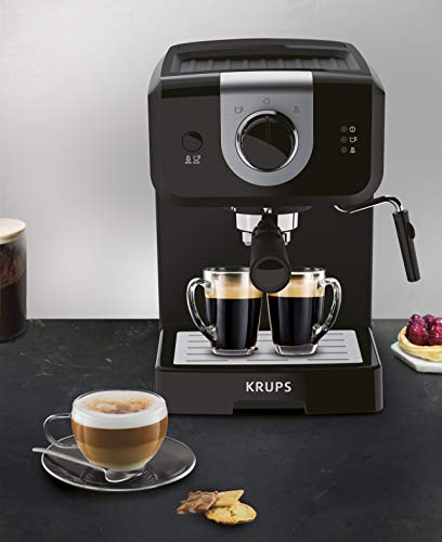 Krups Opio XP320810 - Cafetera, 15 bares de presión, calentador de taza y espumador de leche, control giratorio, negro/plata