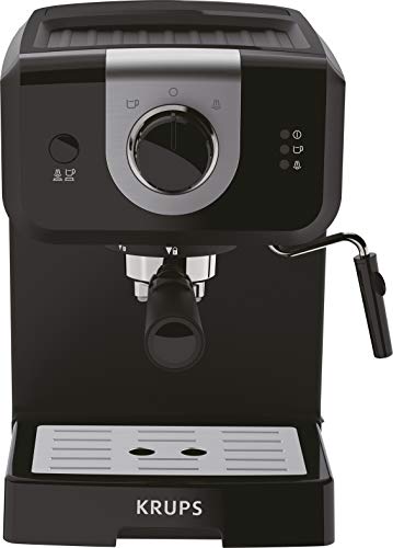 Krups Opio XP320810 - Cafetera, 15 bares de presión, calentador de taza y espumador de leche, control giratorio, negro/plata