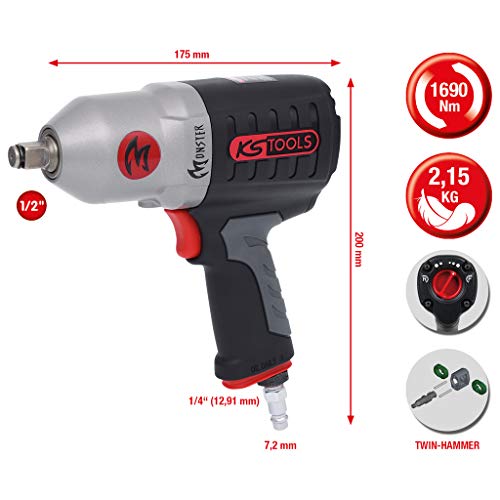 KS Tools 515.1210 Atornillador de Impacto neumático de Alta Potencia de 1/2" Monster, 1690 NM