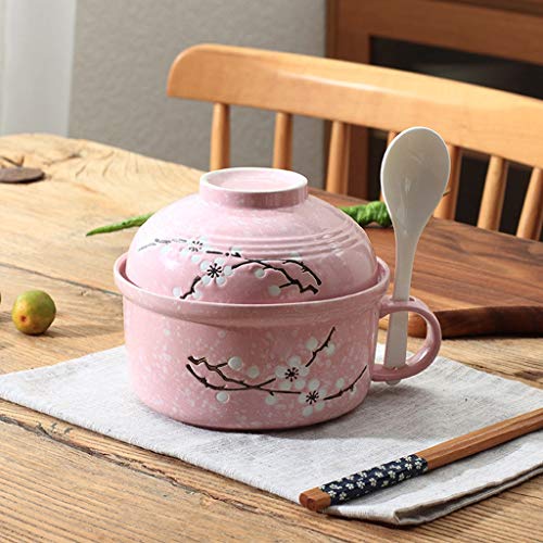 KSWD Tazones de consomé Tazón para Sopa con asa Sopera Bol Cuenco Taza Estilo japones Gran Capacidad Fideos instantáneos Cerámico con Tapa Cuchara Microonda Horno Fácil de Limpiar,Pink