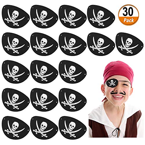 Kulannder 30 Unids Parche de Ojo de Pirata de Fieltro Negro, Pirata Accesorios Parche de Ojo de Capitán de Cráneo Ajustable para Hombres , para Favores de Fiesta de Halloween y Navidad