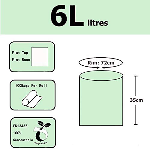 Kumoya 100 luxtons biodegradables trazadores de líneas de – 6litros/10 litros de Alimentos para Cocina Degradable de la Basura trazadores de líneas de EN 13432 - Bolsas de Basura (6L)