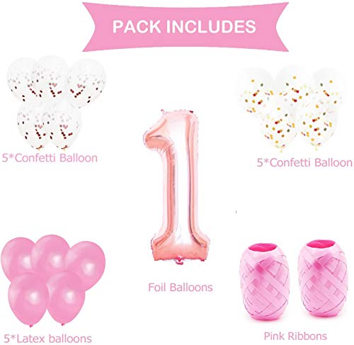 KUNGYO Decoraciones de Fiesta de Cumpleaños para Adultos y Niños, Oro Rosa Gigante Número 1 y Estrella de Helio Globos, Cintas, Globos de Confeti de Látex- Rose Gold Suministros de Fiesta