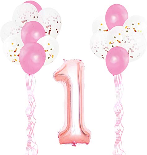 KUNGYO Decoraciones de Fiesta de Cumpleaños para Adultos y Niños, Oro Rosa Gigante Número 1 y Estrella de Helio Globos, Cintas, Globos de Confeti de Látex- Rose Gold Suministros de Fiesta