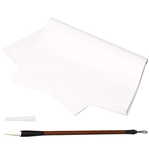 Kuou 60 hojas de papel de arroz japonés chino para caligrafía, pintura de tinta china, papel de dibujo de Sumi, papel de arroz Xuan con cepillo chino para pintura de caligrafía de pelo de lobo