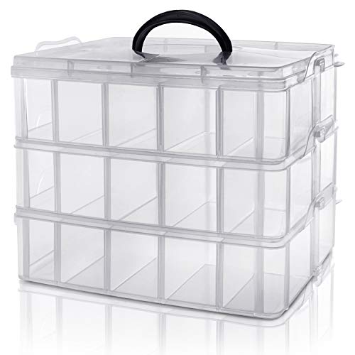 Kurtzy Caja Almacenamiento Plastico 3 Niveles - Ranuras de Compartimentos Ajustables - Caja Organizadora Plastico Transparente - Máximo 30 Compartimentos – Guardar Juguetes Joyas, Cuentas