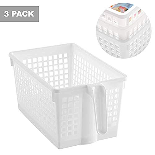 Kurtzy Cestas Blancas con Asa/Cajas con Asa (3 Pack) - 28x13x11 cm Organizadores de Plástico para la Cocina - Cestas Apilables para Habitación, Oficina, Armario y Baño