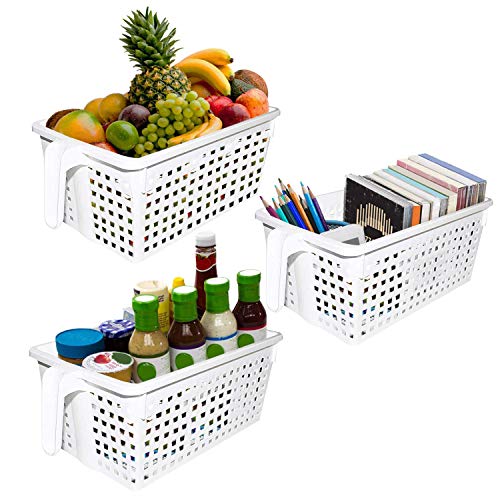 Kurtzy Cestas Blancas con Asa/Cajas con Asa (3 Pack) - 28x13x11 cm Organizadores de Plástico para la Cocina - Cestas Apilables para Habitación, Oficina, Armario y Baño