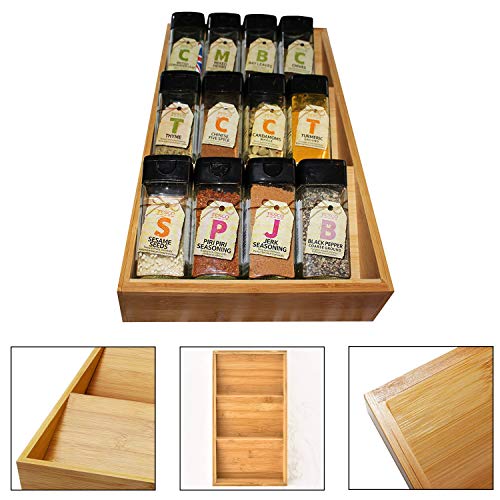 Kurtzy Especiero - 3 Niveles (38x20x5cm) Estante de Especias de Madera de Bambú Inclinado Repisas - Inserciones de Cajones, Hierbas y Especias Organizador para Almacenaje la Cocina