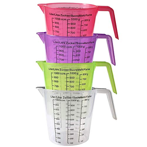 Kurtzy Jarras medidoras plastico (4 Pcs) - 13cm Plástico Libre de BPA Jarras para Medir Liquido, Aceite y Artículos de Hornear con Escala de Gramos y centímetros cúbicos
