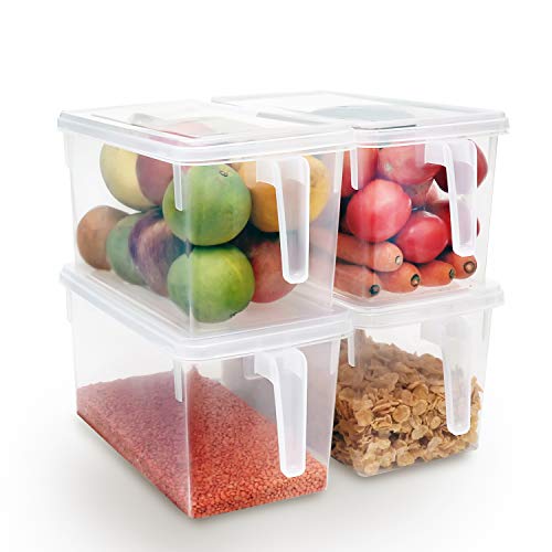 Kurtzy Organizador de Nevera Set de 4 Cajon Nevera Transparente Almacenaje Refrigerador, Congelador Caja Frigorifico Con Tapa - Cajas Grandes para Alacena, Frutas, Cajón, Estante - Cestas con Mango