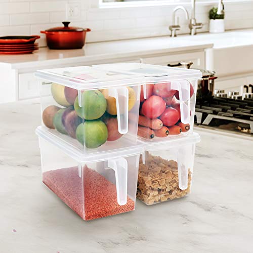 Kurtzy Organizador de Nevera Set de 4 Cajon Nevera Transparente Almacenaje Refrigerador, Congelador Caja Frigorifico Con Tapa - Cajas Grandes para Alacena, Frutas, Cajón, Estante - Cestas con Mango