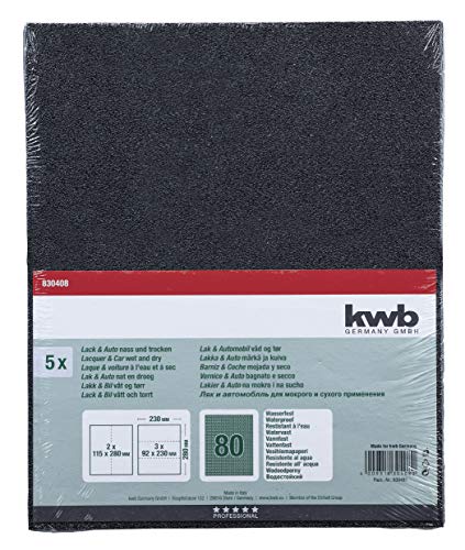 kwb 830408 Papel de lija resistente al agua para cristal, piedra, metal, carrocería y trabajos de pintura, 230 x 280 mm, sellado, 5 unidades. Grano K-80, fabricado en Europa.